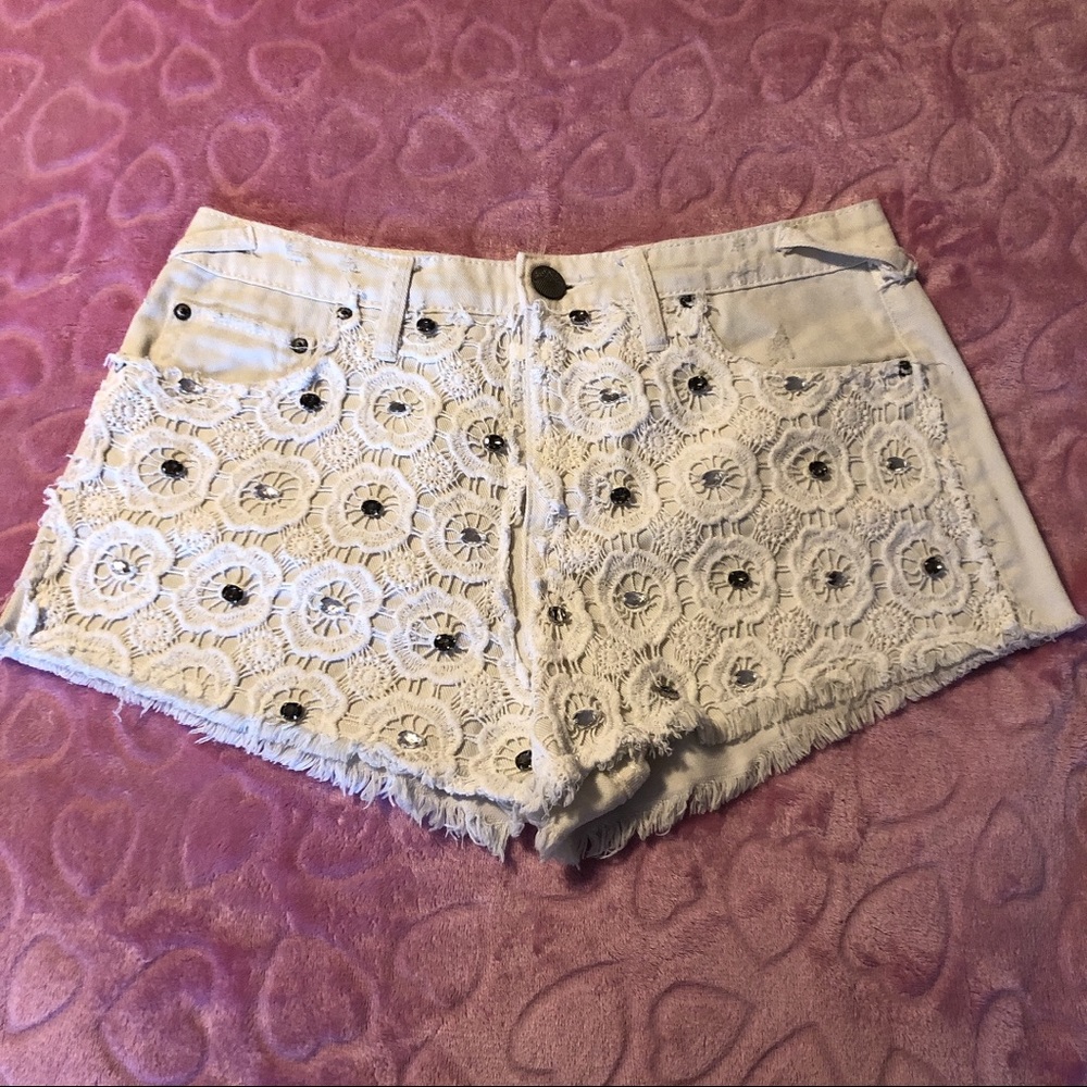 Free People White Rhinestone Denim Shorts